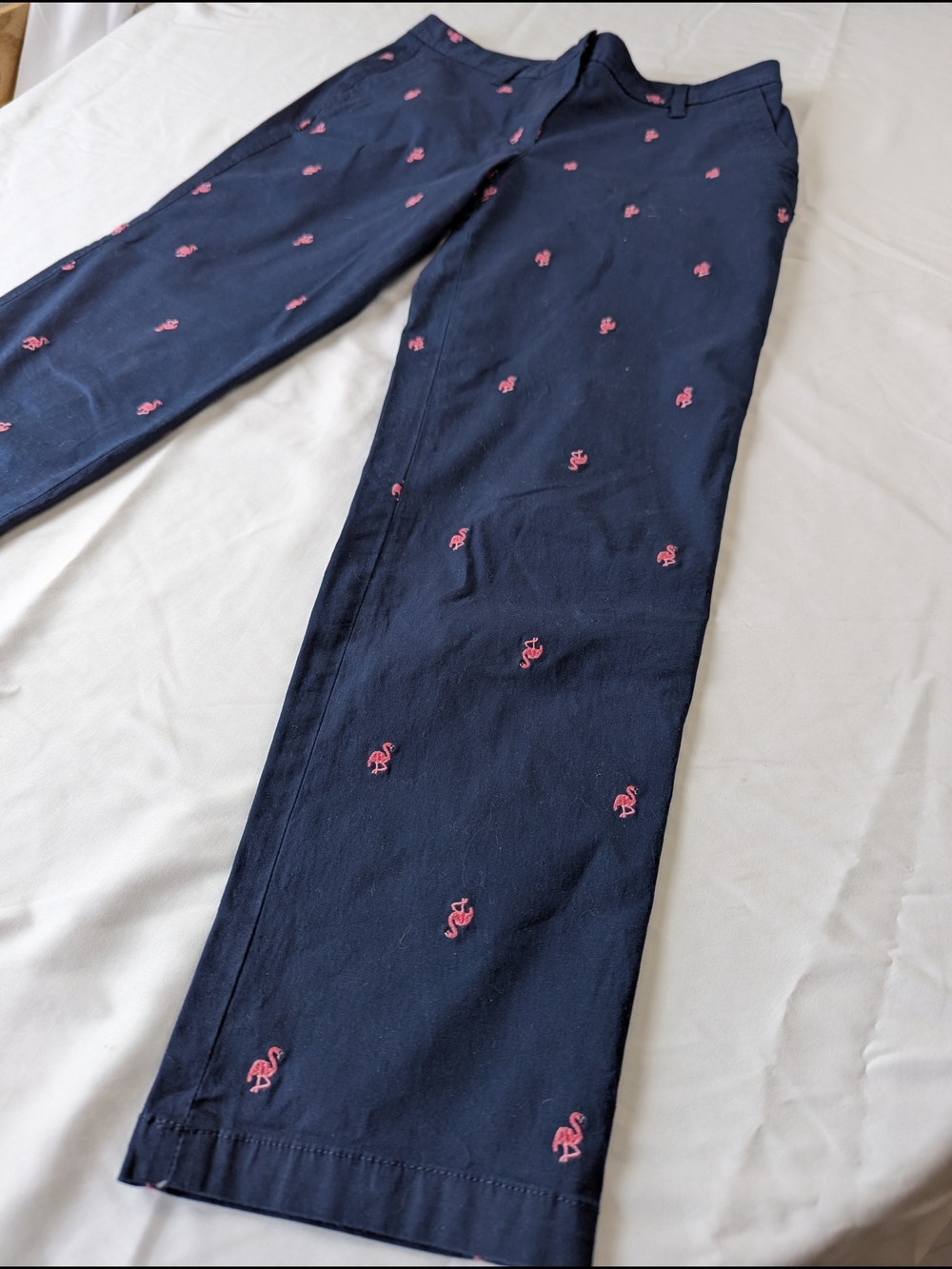 Talbots Navy Straight-Leg Pants with Pink Embroidered Flamingos - Picture 3 of 8